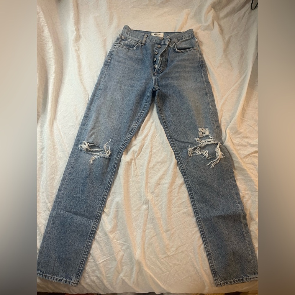 Agolde Light Blue Distressed Straight Leg Jeans